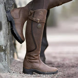 Knee-High Leather Boots with Buckle Strap and Low Heel