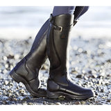 Knee-High Leather Boots with Buckle Strap and Low Heel