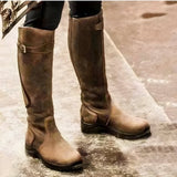 Knee-High Leather Boots with Buckle Strap and Low Heel