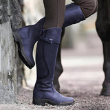 Knee-High Leather Boots with Buckle Strap and Low Heel