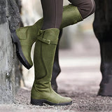 Knee-High Leather Boots with Buckle Strap and Low Heel